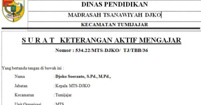 7 Contoh Surat Keterangan Aktif Mengajar Guru SD, SMP, TPQ, dll